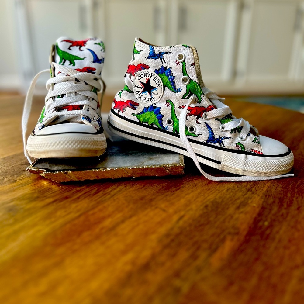 Little kid dinosaur converse high top shoes gently used- worn once.